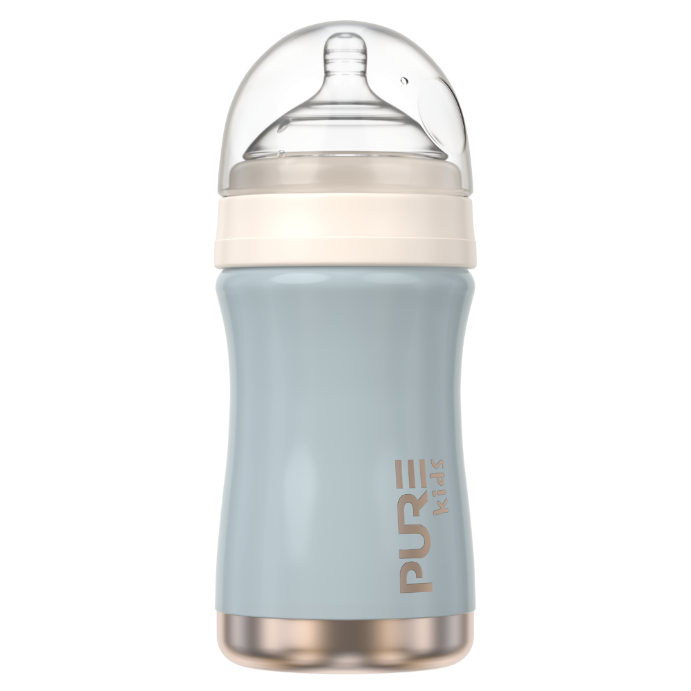 Baby bottle with light blue body and clear lid on a white background