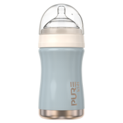 Baby bottle with light blue body and clear lid on a white background