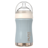 Baby bottle with light blue body and clear lid on a white background