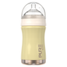 Yellow baby bottle with a clear lid on a white background