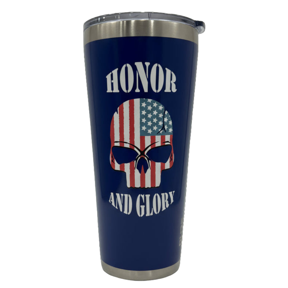 Blue tumbler with American flag skull design and 'Honor and Glory' text