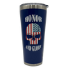 Blue tumbler with American flag skull design and 'Honor and Glory' text