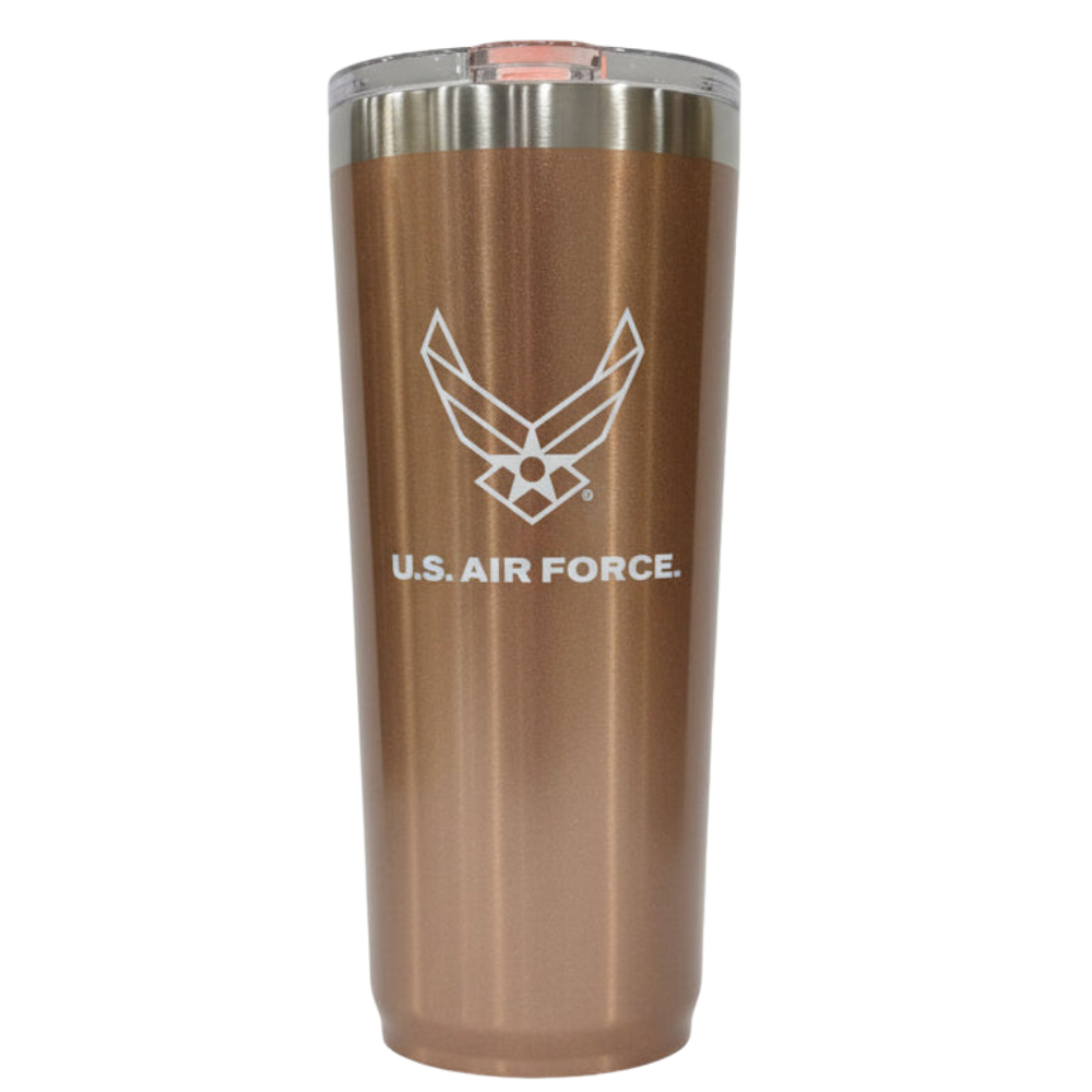 Rose gold 22oz tumbler with U.S. Air Force logo on a white background