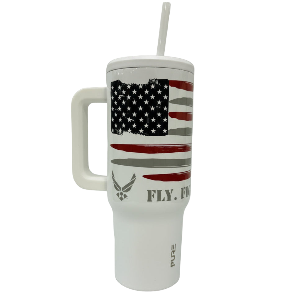 White 40oz Air Force tumbler with American flag design and Fly. Fight. Win. Text