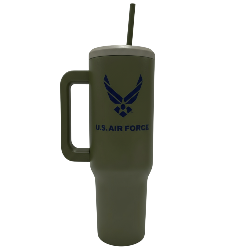Green 40oz tumbler with U.S. Air Force logo on a white background
