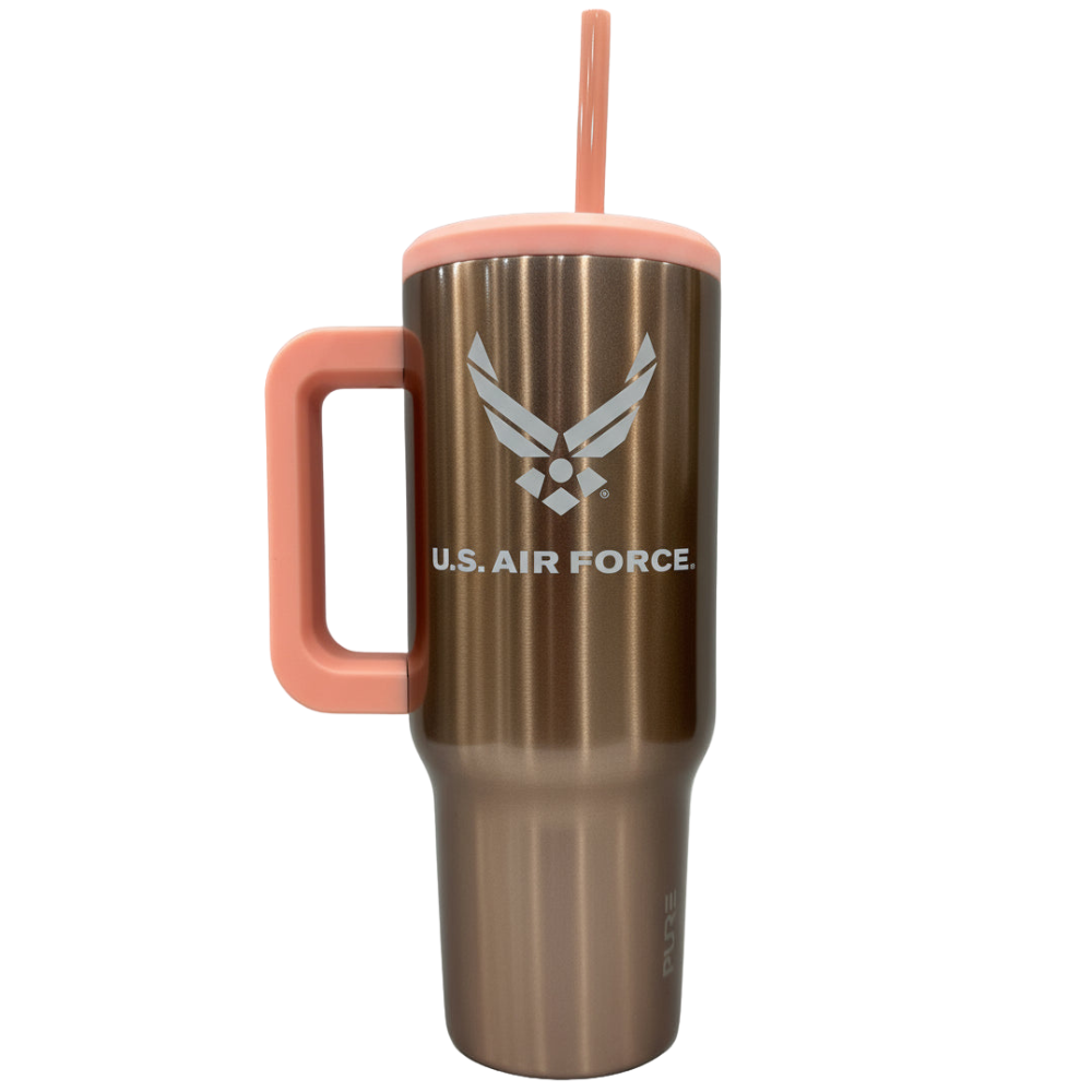Rose Gold water bottle with pink handle and U.S. Air Force logo on a white background