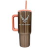 Rose Gold water bottle with pink handle and U.S. Air Force logo on a white background