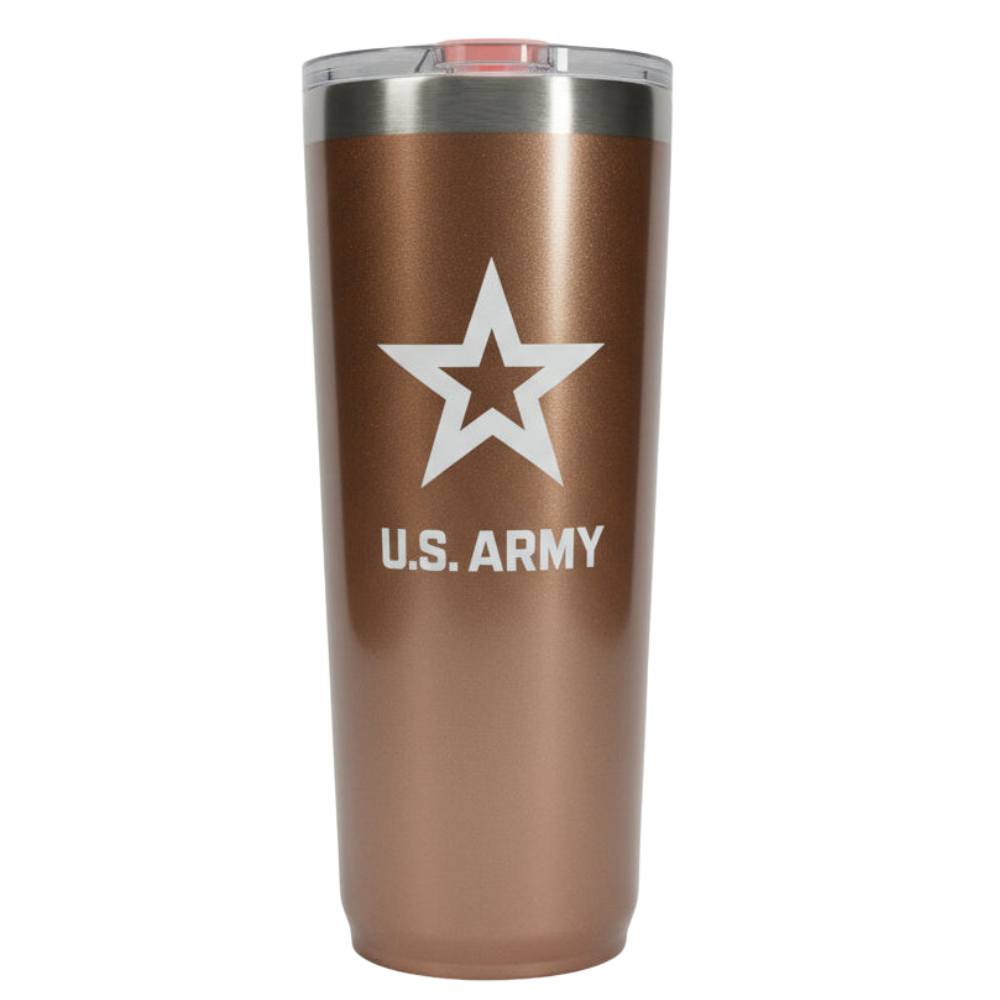 Rose gold 22oz tumbler with U.S. Army logo on a white background