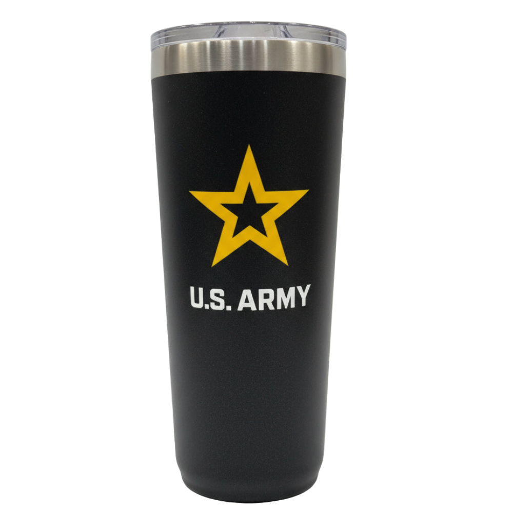 Black 22oz tumbler with U.S. Army logo on a white background