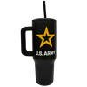 Black water bottle with U.S. Army logo on a white background