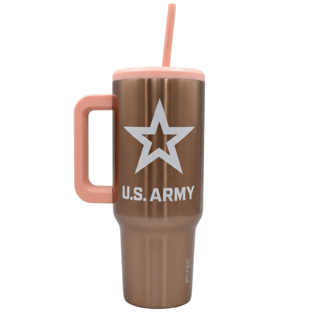 Rose Gold 40oz Tumbler with U.S. Army logo and pink handle on a white background