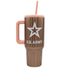 Rose Gold 40oz Tumbler with U.S. Army logo and pink handle on a white background