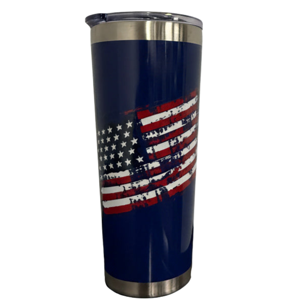 Blue 22oz tumbler with American flag on a white background