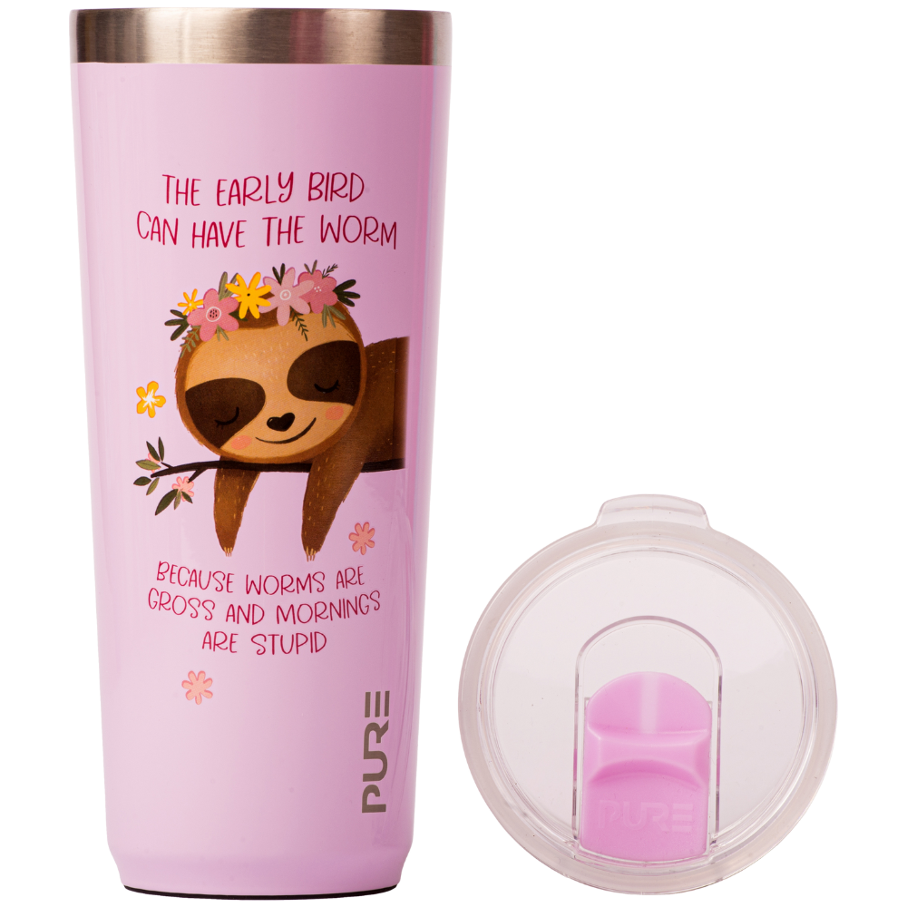 Pink tumbler with sloth design and text saying "The early bird can have the worm because worms are gross and mornings are stupid" on a white background