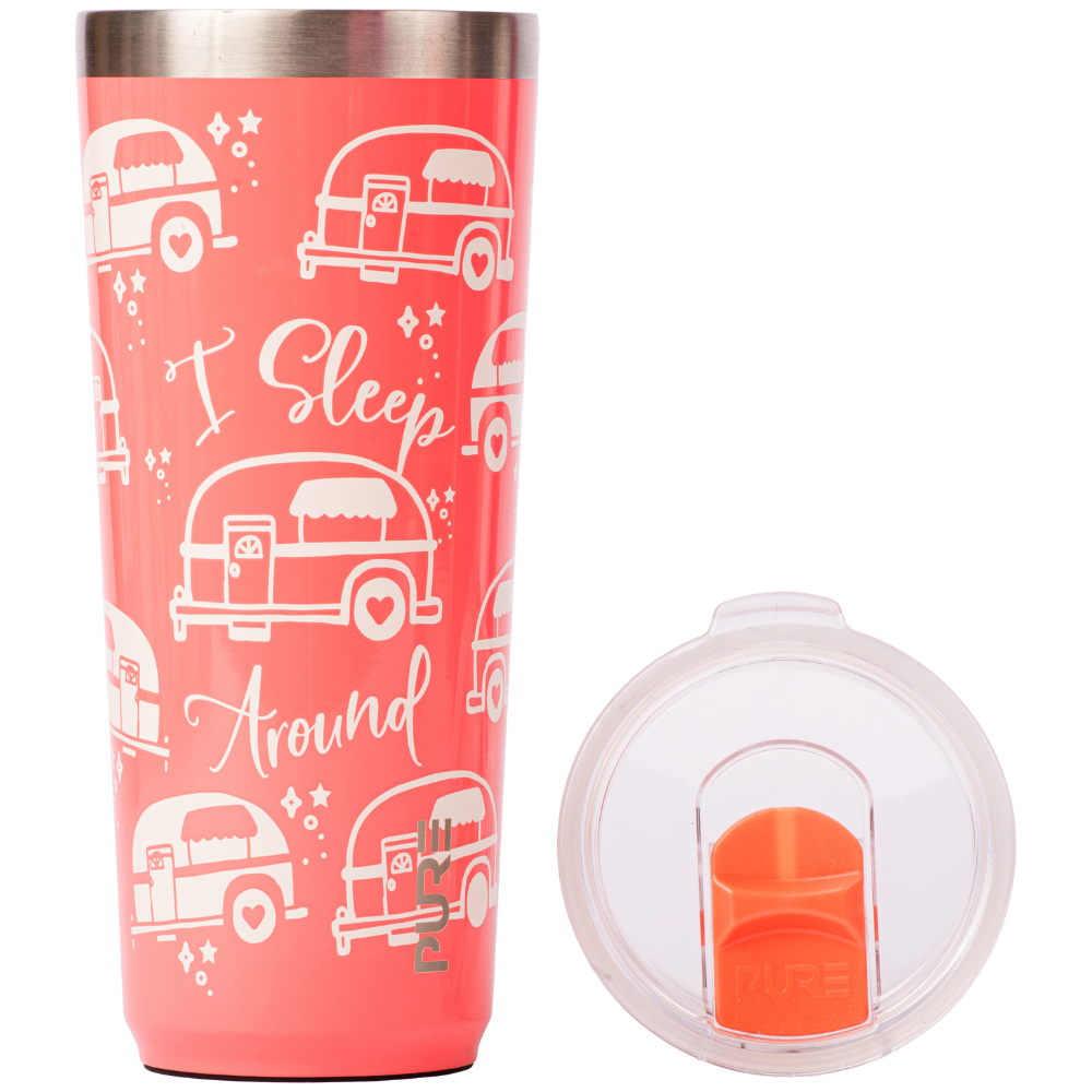 Pink tumbler with camper design and 'I Sleep Around' text, featuring a clear lid.