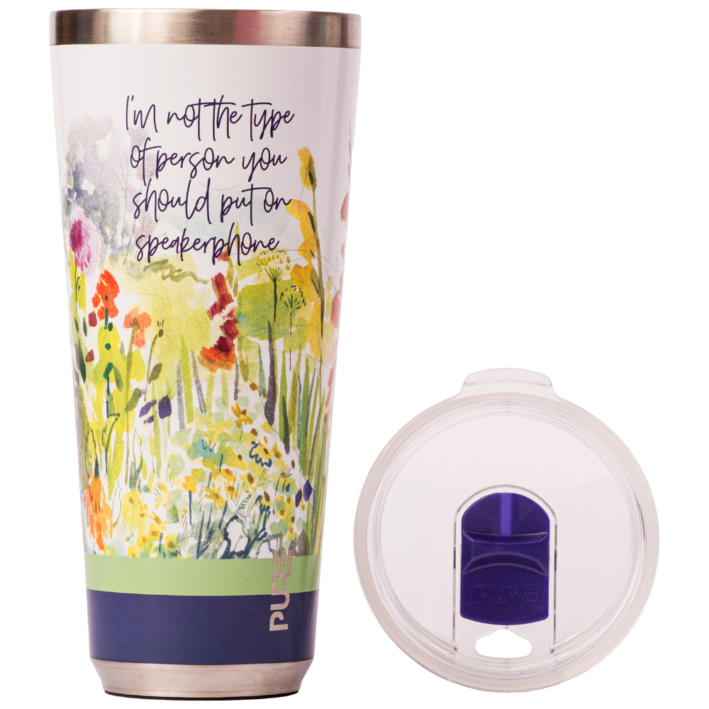 Tumbler with floral design and text saying "Im not the type of person you should put on speaker phone" on a white background