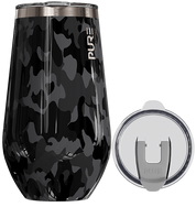 Black camouflage tumbler with 'PURE' branding on a white background
