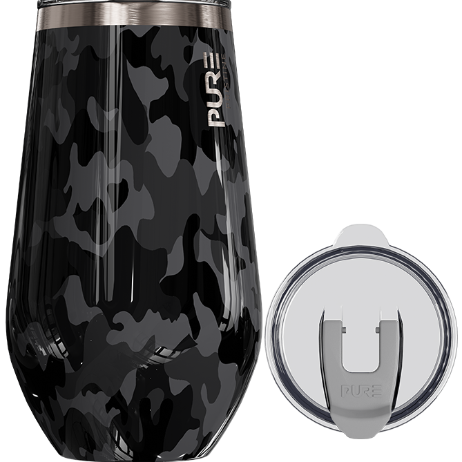 Black camouflage tumbler with 'PURE' branding on a white background