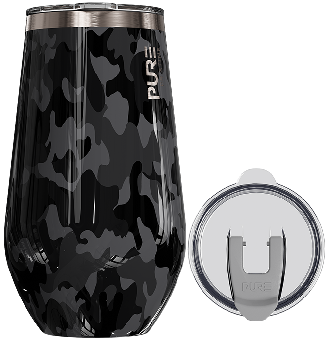 Black camouflage tumbler with 'PURE' branding on a white background