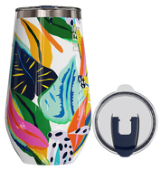 Colorful tumbler with abstract design and lid on a white background