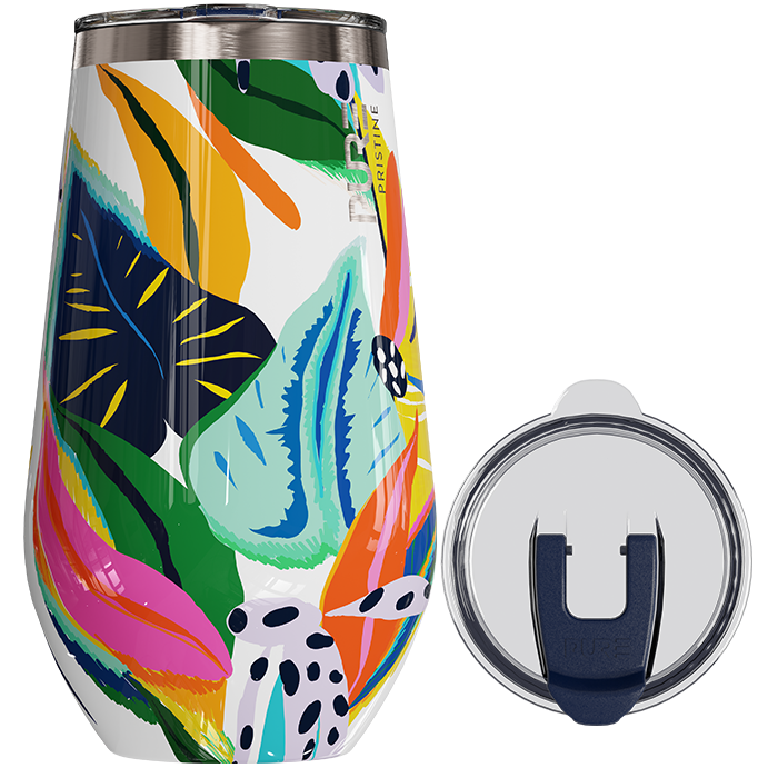 Colorful tumbler with abstract design and lid on a white background