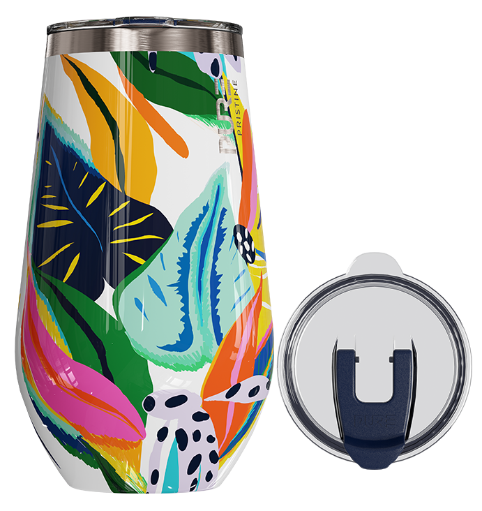Colorful tumbler with abstract design and lid on a white background