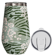 Tumbler with green and pink camouflage pattern and a clear lid on a white background