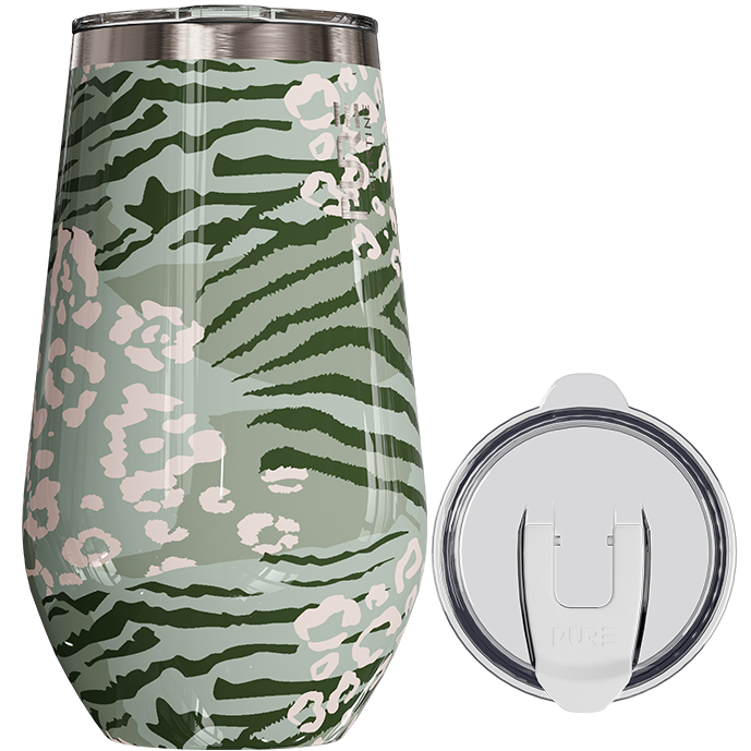 Tumbler with green and pink camouflage pattern and a clear lid on a white background