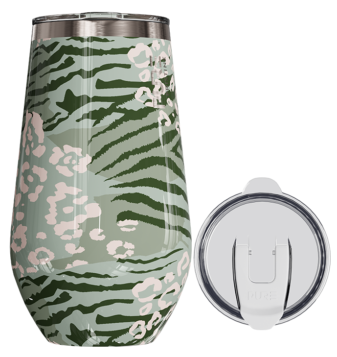 Tumbler with green and pink camouflage pattern and a clear lid on a white background