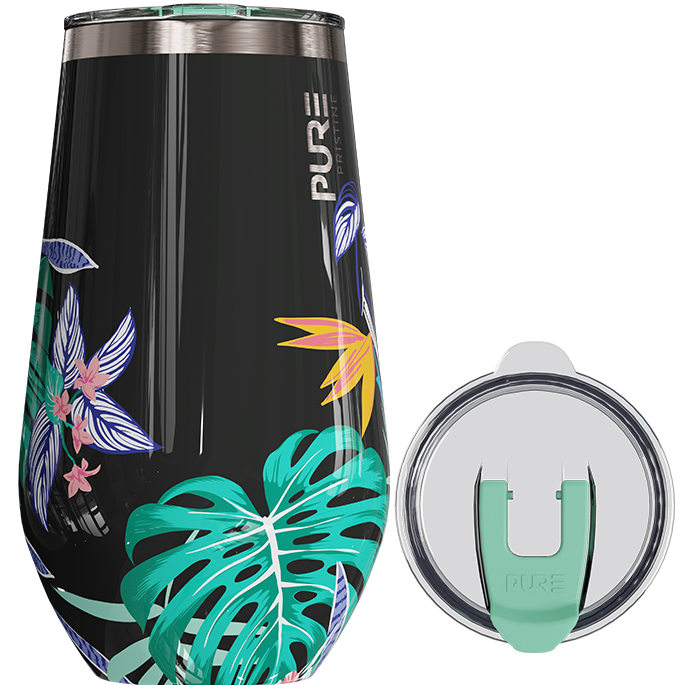 Tumbler with tropical leaf design and 'PURE' branding on a white background