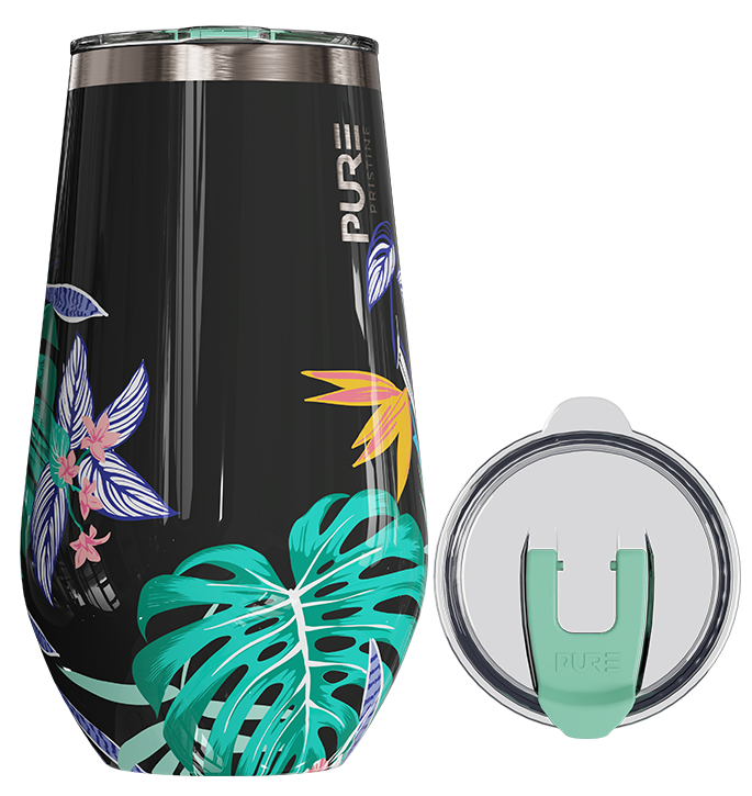 Tumbler with tropical leaf design and 'PURE' branding on a white background