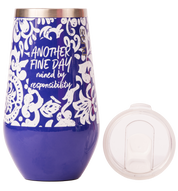 Blue tumbler with white floral pattern with text Another Fine Day Ruined by Responsibility, featuring a clear lid on a white background