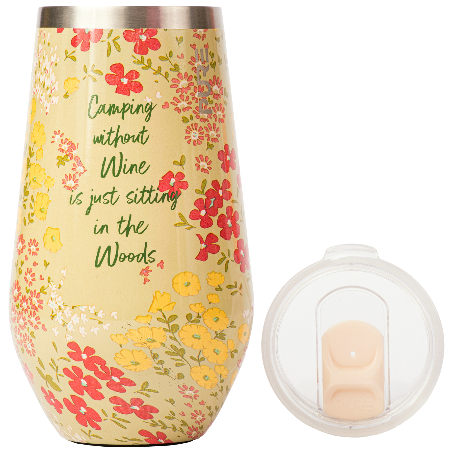 Stemless wine glass with floral pattern with text Camping Without Wine is Just Sitting in Woods, featuring a lid on a white background