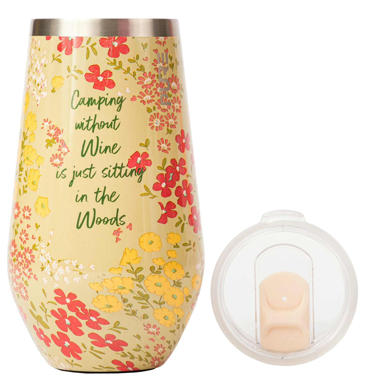Stemless wine glass with floral pattern with text Camping Without Wine is Just Sitting in Woods, featuring a lid on a white background