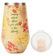 Stemless wine glass with floral pattern with text Camping Without Wine is Just Sitting in Woods, featuring a lid on a white background