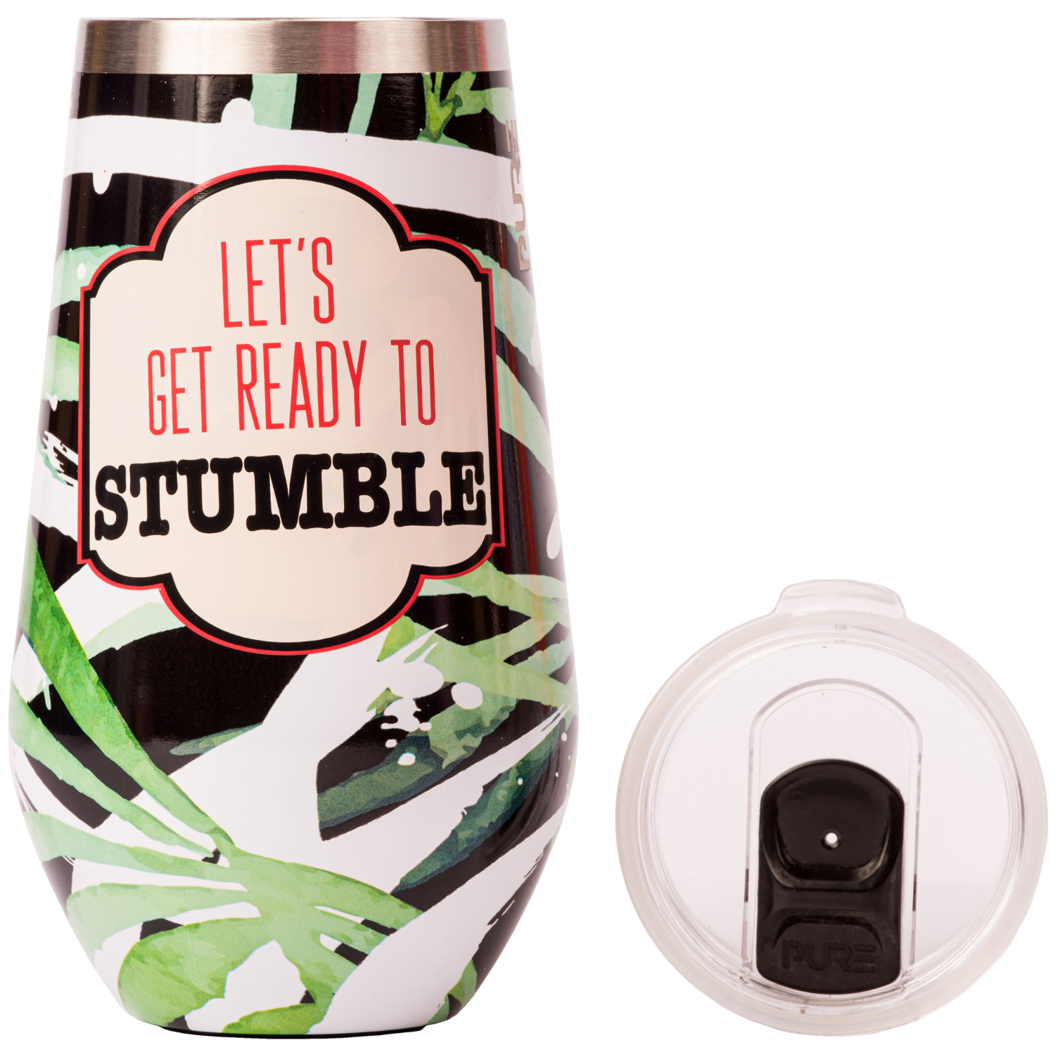 Tumbler with tropical leaf design and 'Let's Get Ready to Stumble' text with a clear lid on a white background