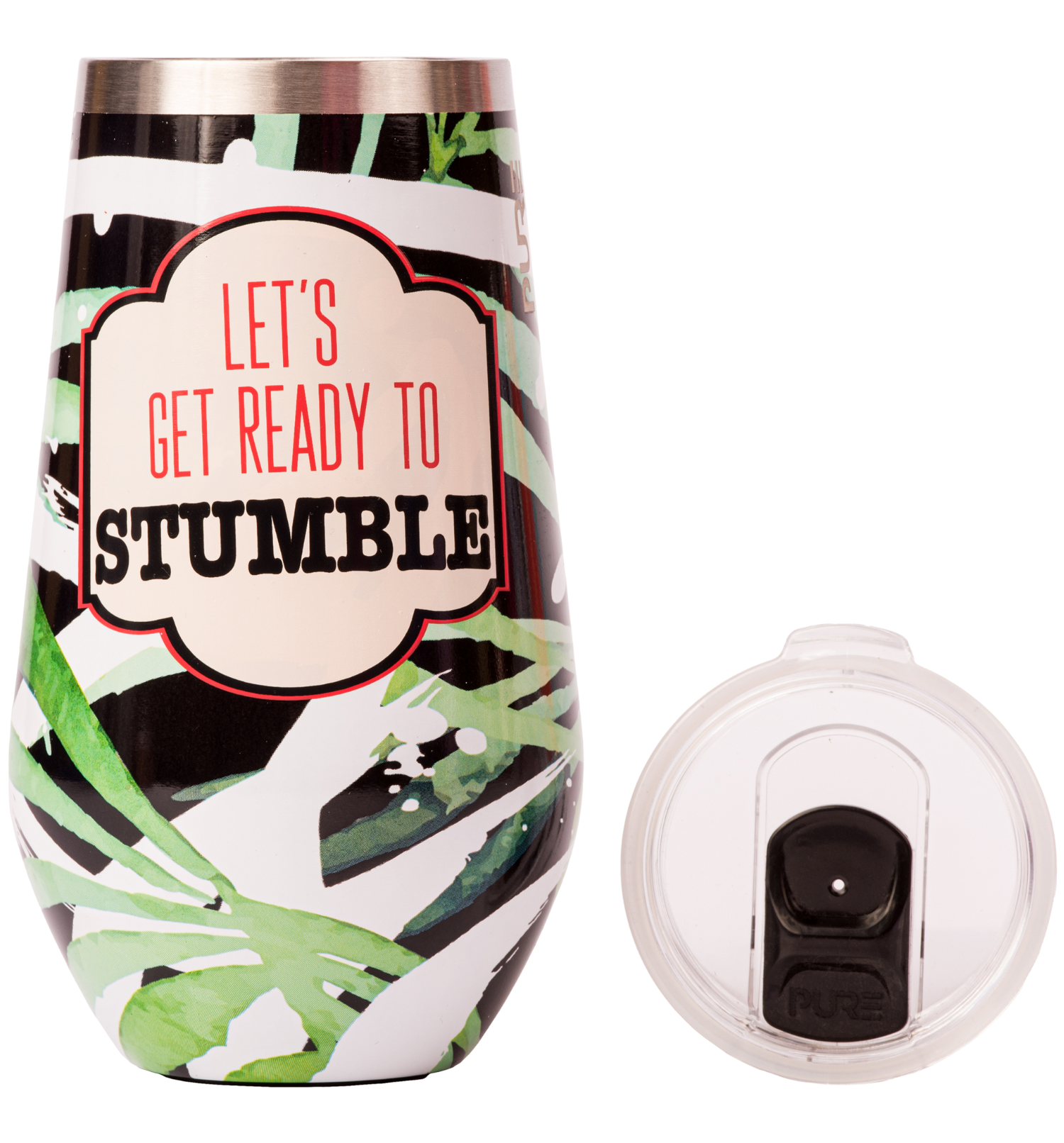 Tumbler with tropical leaf design and 'Let's Get Ready to Stumble' text with a clear lid on a white background