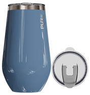 Blue tumbler with silver lid on a white background