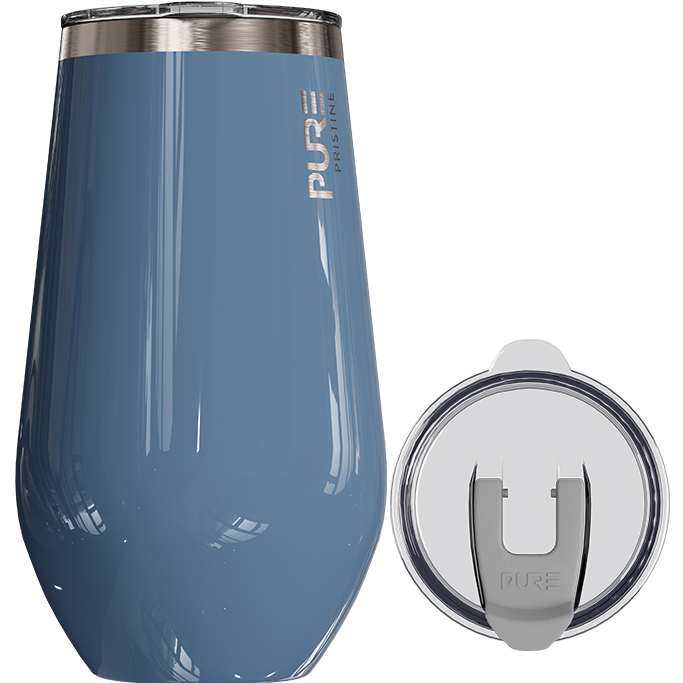 Blue tumbler with silver lid on a white background