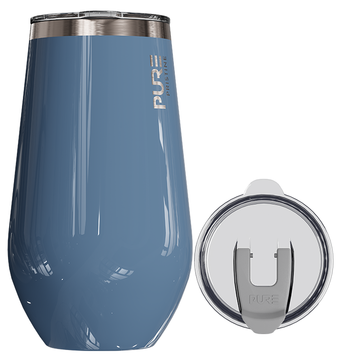 Blue tumbler with silver lid on a white background