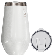 White insulated tumbler with a clear lid on a white background