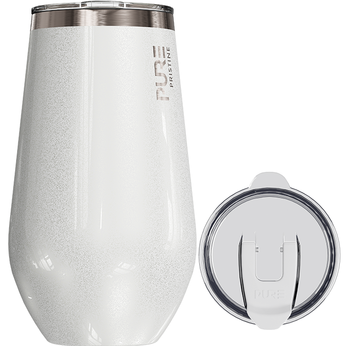 White insulated tumbler with a clear lid on a white background