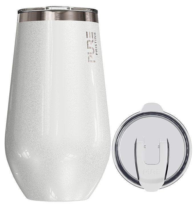 White insulated tumbler with a clear lid on a white background