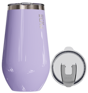 Purple insulated tumbler with silver lid on a white background