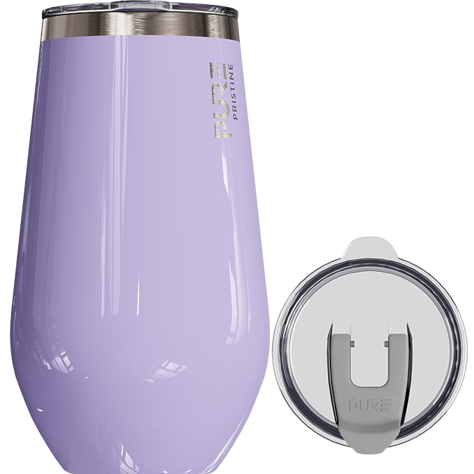 Purple insulated tumbler with silver lid on a white background