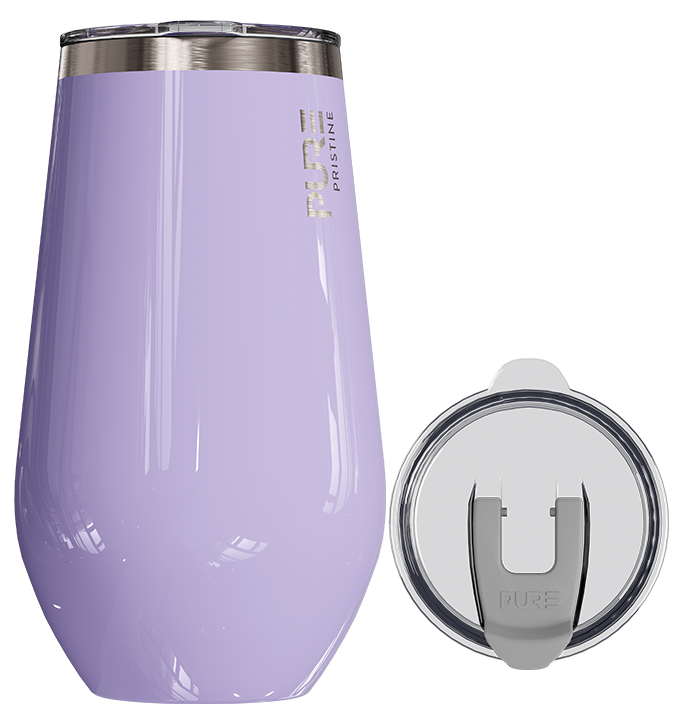 Purple insulated tumbler with silver lid on a white background