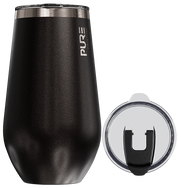 Black insulated tumbler with silver lid on a white background