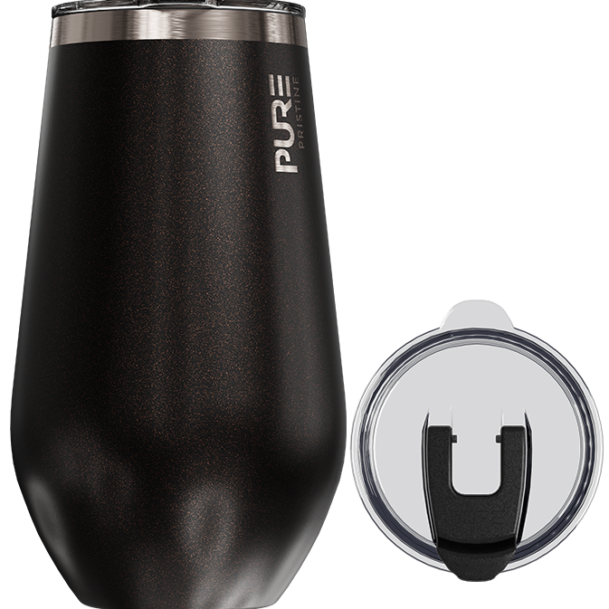 Black insulated tumbler with silver lid on a white background