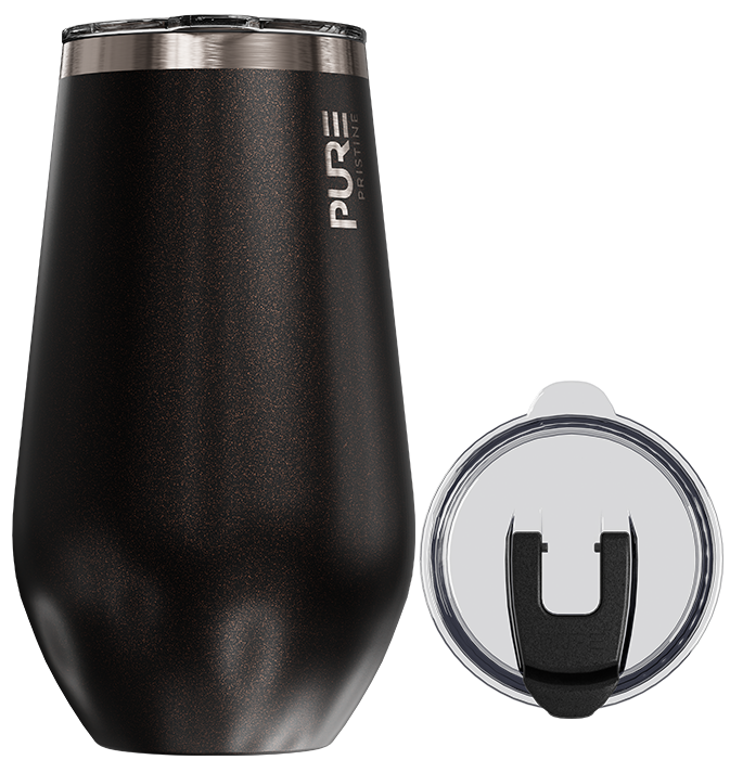 Black insulated tumbler with silver lid on a white background