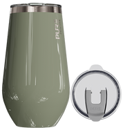 Green tumbler with silver lid on a white background